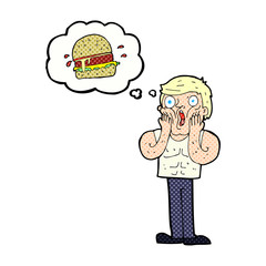 cartoon shocked man thinking about junk food