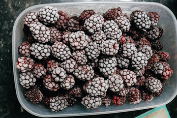 Several frozen blackberries in plastic box on kitchen top view