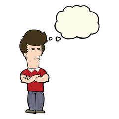 cartoon man with folded arms with thought bubble