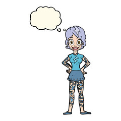 cartoon woman with heavy tattoos with thought bubble