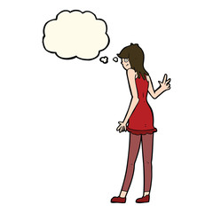 cartoon woman waving with thought bubble