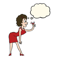 cartoon woman with drink with thought bubble