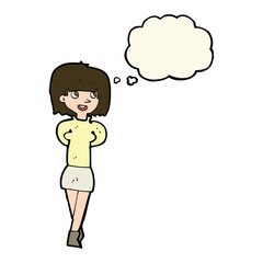 cartoon happy woman with thought bubble