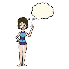 cartoon woman in striped swimsuit with thought bubble