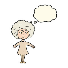 cartoon bitter old woman with thought bubble