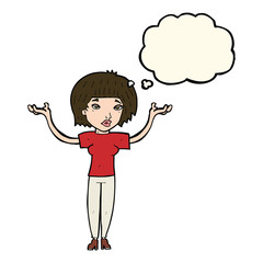 cartoon woman shrugging shoulders with thought bubble