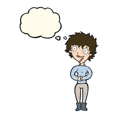 cartoon crazy excited woman with thought bubble