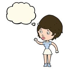 cartoon woman waving with thought bubble