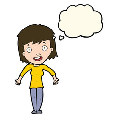 cartoon woman shrugging shoulders with thought bubble