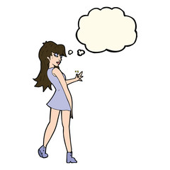 cartoon woman posing in dress with thought bubble