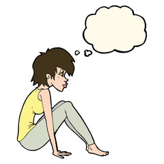 cartoon woman sitting with thought bubble