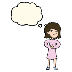 cartoon happy woman with thought bubble