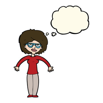 recommend clip art: cartoon woman shrugging shoulders with thought bubble