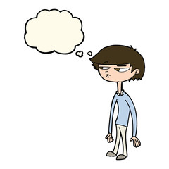 cartoon suspicious boy with thought bubble