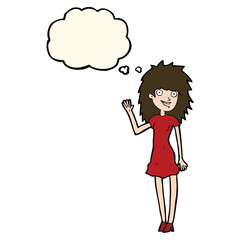 cartoon happy woman waving with thought bubble