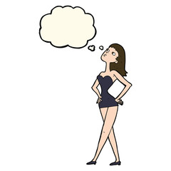 cartoon woman in party dress with thought bubble