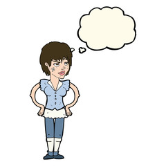 cartoon tough woman with hands on hips with thought bubble