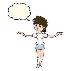cartoon woman shrugging shoulders with thought bubble