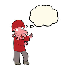 cartoon alien man with thought bubble