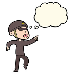 cartoon man in bike helmet pointing with thought bubble