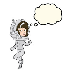 cartoon woman wearing space helmet with thought bubble