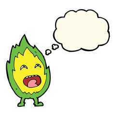 cartoon flame character with thought bubble