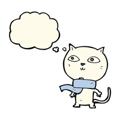 cartoon funny cat wearing scarf with thought bubble