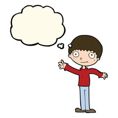 cartoon happy waving boy with thought bubble