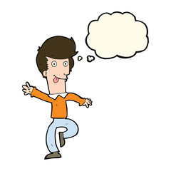 cartoon man dancing with thought bubble