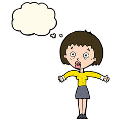 cartoon woman shrugging shoulders with thought bubble