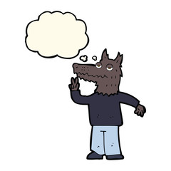 cartoon happy wolf man with thought bubble