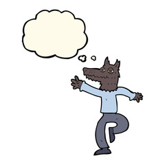 cartoon happy wolf man with thought bubble