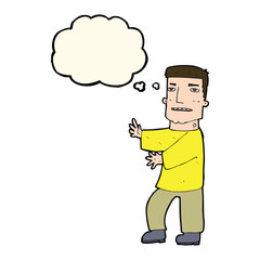 cartoon man gesturing with thought bubble