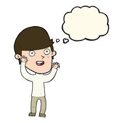 cartoon happy man with thought bubble