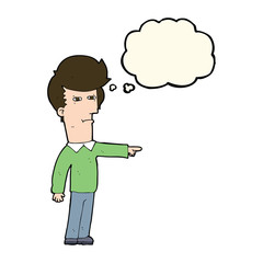 cartoon man blaming with thought bubble