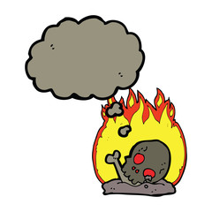 cartoon burning old bones with thought bubble