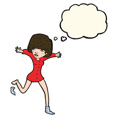 cartoon woman kicking off sock with thought bubble