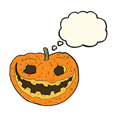 cartoon spooky pumpkin with thought bubble