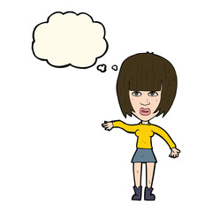 cartoon woman waving away with thought bubble