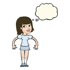 cartoon woman shrugging shoulders with thought bubble