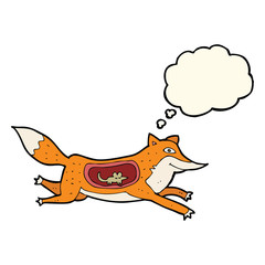 cartoon fox with mouse in belly with thought bubble