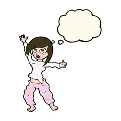 cartoon frightened woman with thought bubble