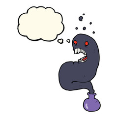 cartoon halloween ghost in bottle with thought bubble