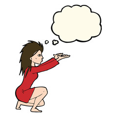 cartoon womn casting spel with thought bubble