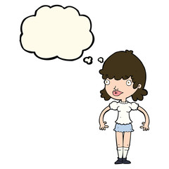 cartoon happy woman with thought bubble