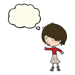 cartoon woman raising eyebrow with thought bubble