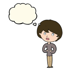 cartoon woman making Who Me? gesture with thought bubble