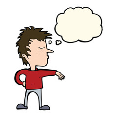 cartoon man making camp gesture with thought bubble