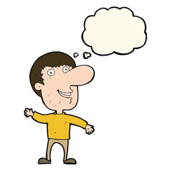 cartoon waving man with thought bubble