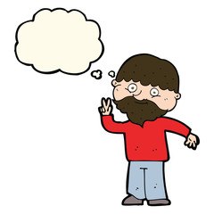 cartoon man giving peace sign with thought bubble